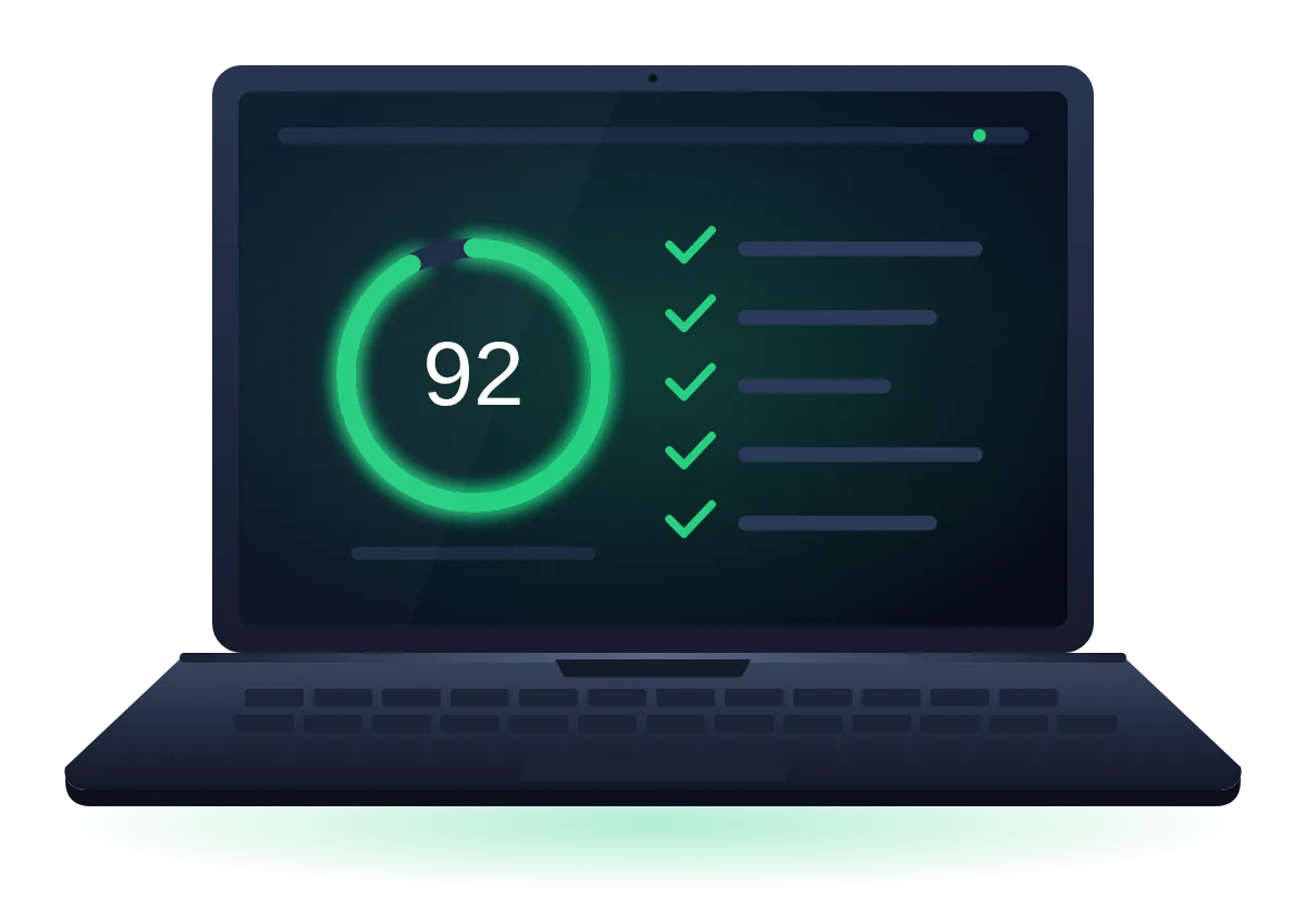 A laptop showing a security score of 92 and a list of passed checks